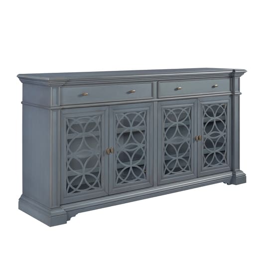 Stilvolles graues Sideboard mit Ornamenten lässt sich bestens mit hochwertiger Möbelbeschreibung verkaufen.